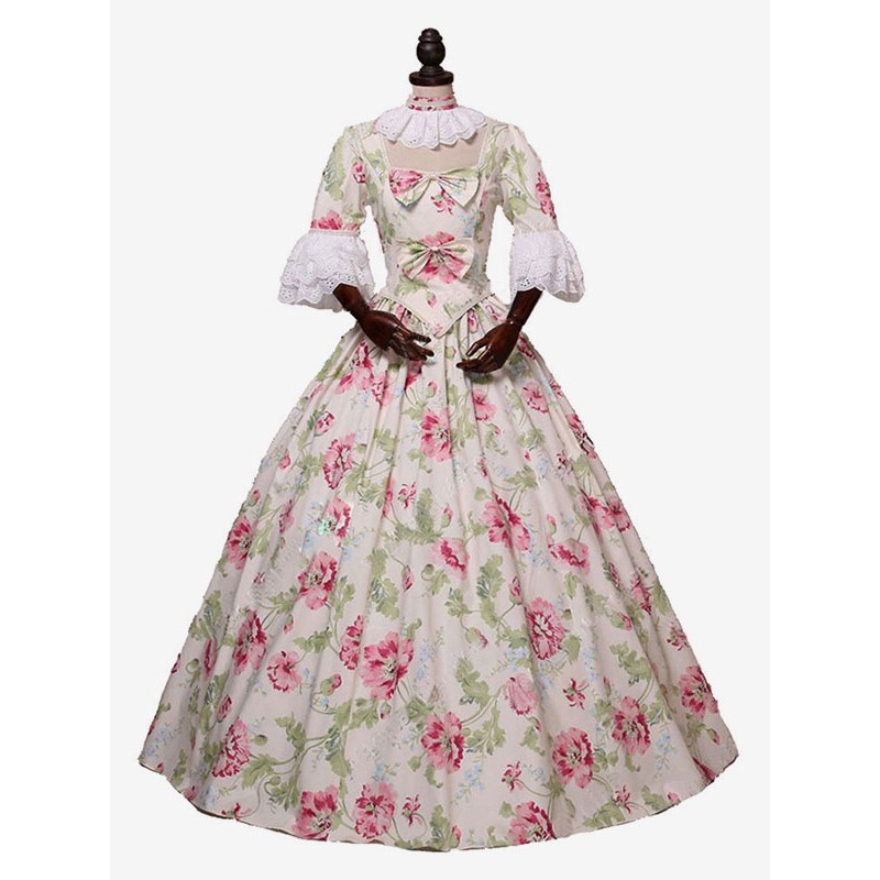 Women Light Apricot Costumes 's Floral Print Bows Ruffles Marie Antoinette Costume Polyester Choker Dress Vintage Clothing Tunic Retro