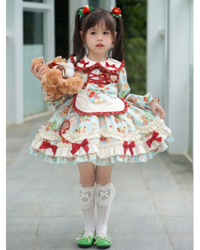 Polyester Tea Party Ruffles Long Sleeves Polyester Fall Dress Floral Print Style Light Sky Blue Kids' Lolita Dresses Sweet ROCOCO