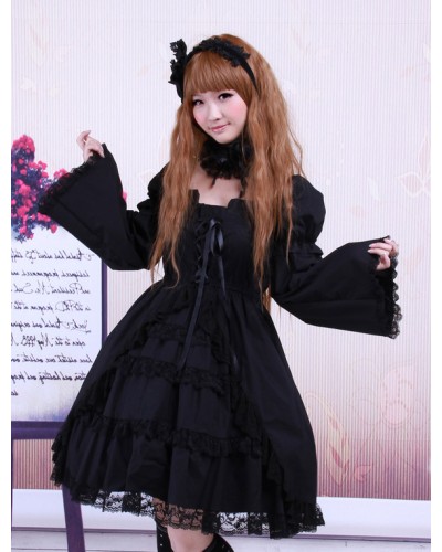 Cotton Black Lolita OP Dress Long Sleeves Lace Trim Gothic Fall Tea Party