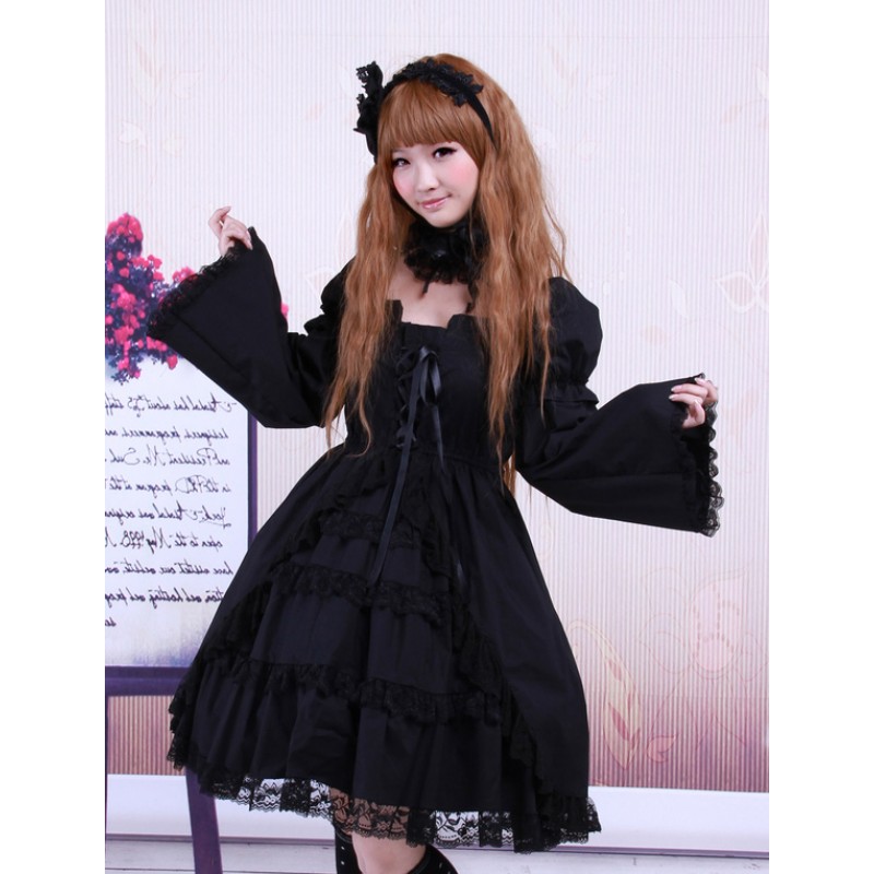 Cotton Black Lolita OP Dress Long Sleeves Lace Trim Gothic Fall Tea Party