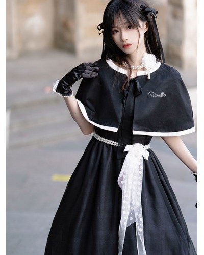 Sweet Lolita Dress Polyester Short Sleeves Pearls Navy Style Lolita Dress