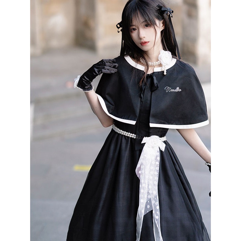 Sweet Lolita Dress Polyester Short Sleeves Pearls Navy Style Lolita Dress