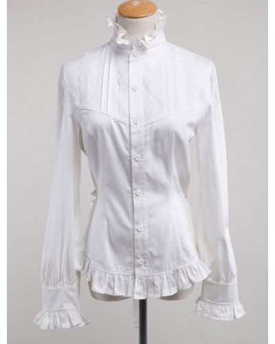 White Lolita Blouse Cotton Long Sleeves High Collar Ruffles Lolita Top