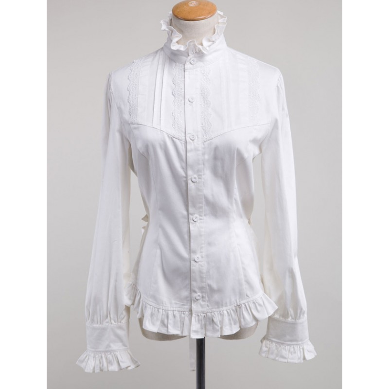 White Lolita Blouse Cotton Long Sleeves High Collar Ruffles Lolita Top