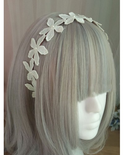 Sweet Lolita Headband Floral Pearl Embroidered Ecru White Lolita Hair Accessory