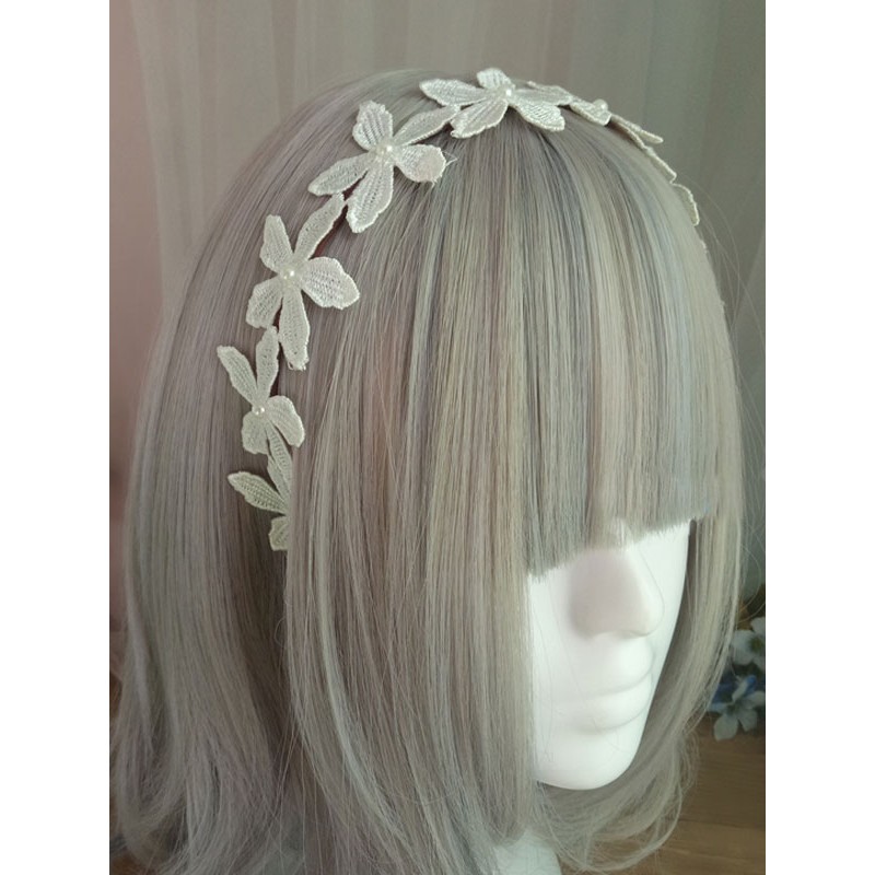 Sweet Lolita Headband Floral Pearl Embroidered Ecru White Lolita Hair Accessory