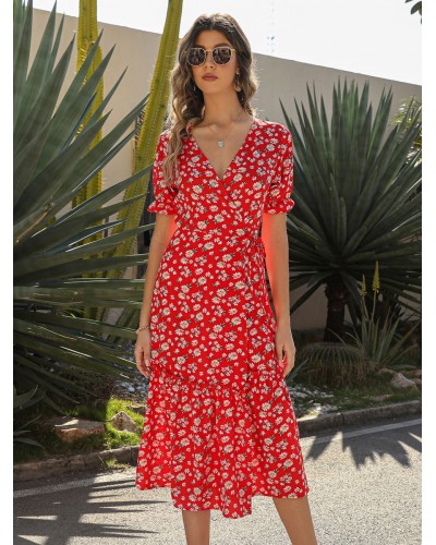 Women Boho Dress Lace Up V-Neck Short Sleeves Printed Beach Dress Maxi Summer