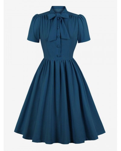 Dress 1950s Audrey Hepburn Style Navy Women Short Sleeves Swing Dress Bodycon Retro Summer