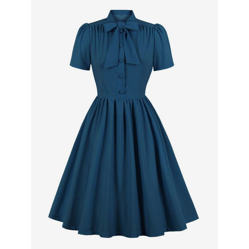 Dress 1950s Audrey Hepburn Style Navy Women Short Sleeves Swing Dress Bodycon Retro Summer