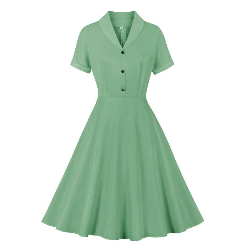 Women Retro Dress 1950s Audrey Hepburn Style V-Neck Short Sleeves Woman Knee Length Rockabilly Dress Bodycon Daily Casual