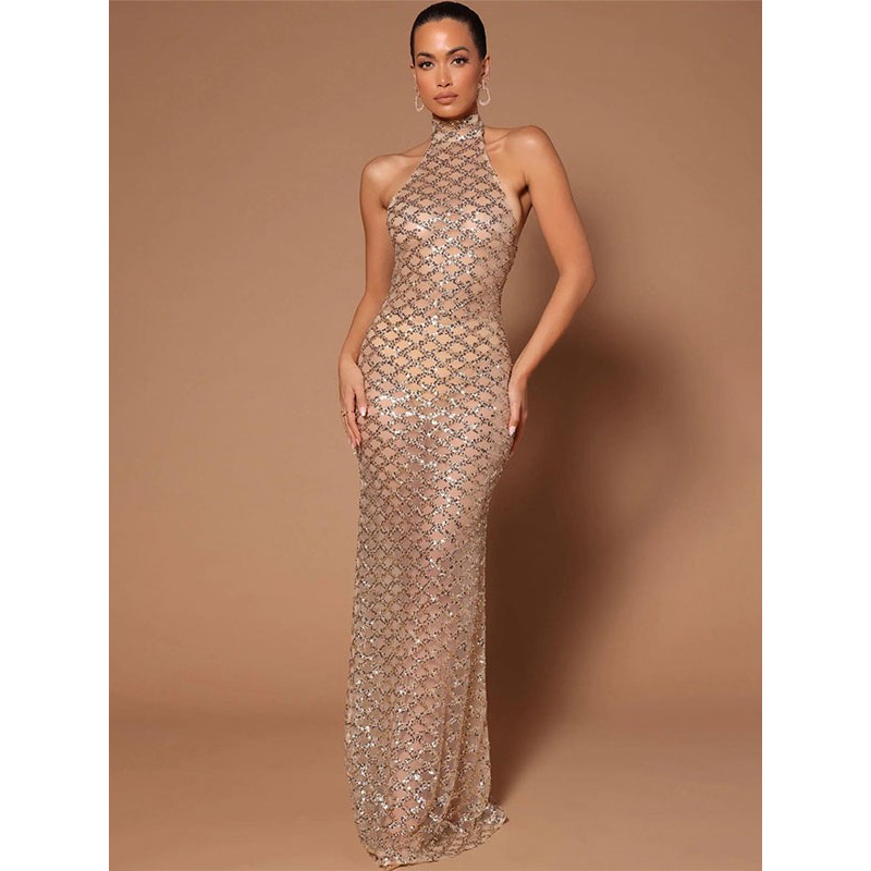 Sequin Long Dresses Sleeveless Club Semi Formal Dress Sexy Party Graduation Birthday