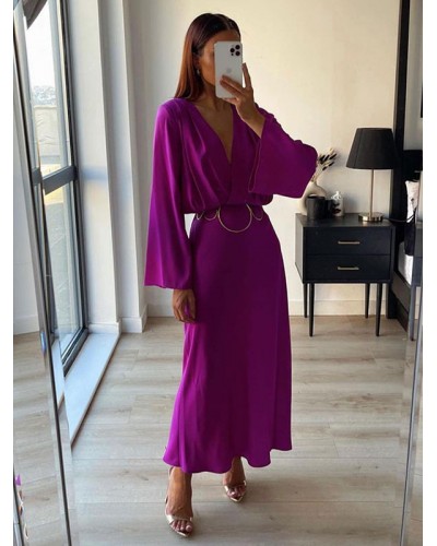 Women Party Dresses Grape V-Neck Pleated Long Sleeves Layered Semi Formal Dress Maxi Spring Summer Fall