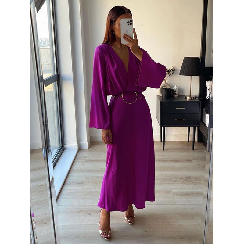 Women Party Dresses Grape V-Neck Pleated Long Sleeves Layered Semi Formal Dress Maxi Spring Summer Fall