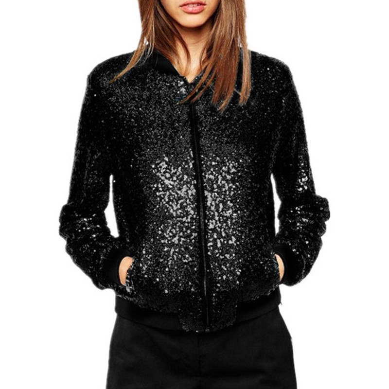 Women Bomber Jackets Sequins Spring Outerwear Casual Street Wear