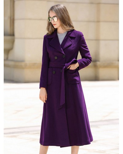 Woman's Wool Coat Purple Sash Winter Outerwear 2023 Classic  Traditional Casual