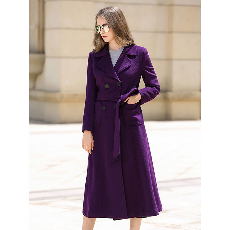 Woman's Wool Coat Purple Sash Winter Outerwear 2023 Classic  Traditional Casual