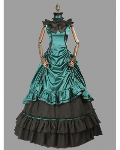 Women Victorian Dress Costumes 's Green Ruffle Bow Costume Sleevesless Ball Gown Victorian Era Clothing Vinatge Costumes Halloween Sets ROCOCO