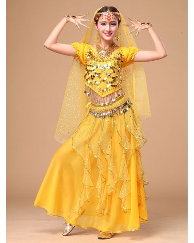 Belly Dance Costume Yellow Chiffon Sparkle Bollywood Dance Dress For Women Performance