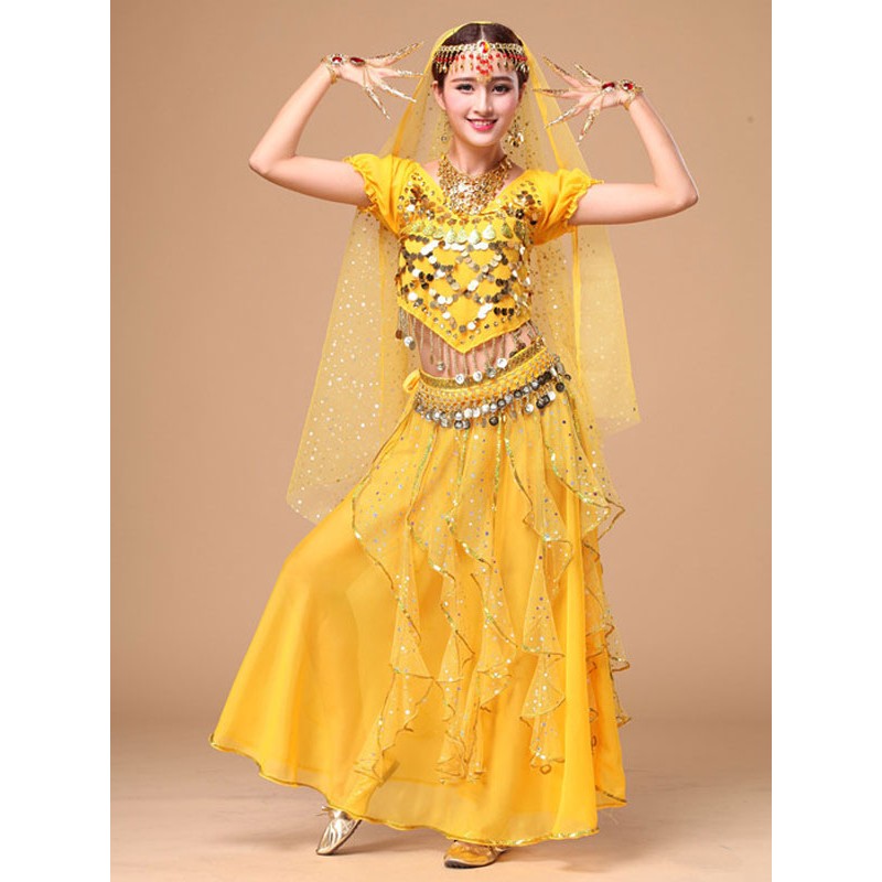 Belly Dance Costume Yellow Chiffon Sparkle Bollywood Dance Dress For Women Performance