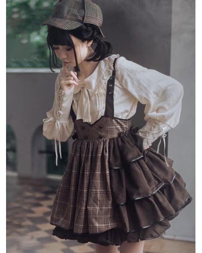 Lolita SK Ruffles Deep Brown Plaid Lolita Skirts Steampunk Gothic Spring Summer Fall