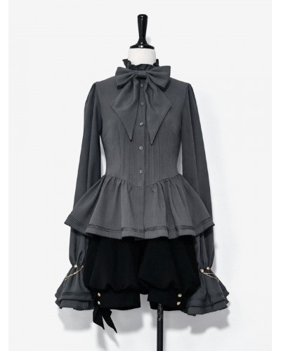 【Pre-sell】 Lolita Ouji Fashion Gray Long Sleeves Shirt With Ruffle Neckline Blouses Gothic Daily Casual Tea Party