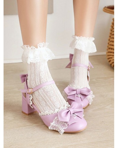 Sweet Lolita Sandals Round Toe Chunky Heel PU Leather Lilac Lolita Summer Ankle Strap Heels