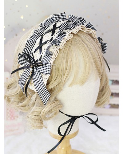 Sweet Lolita Headdress Black Lace Bows Plaid Headband Daily Casual