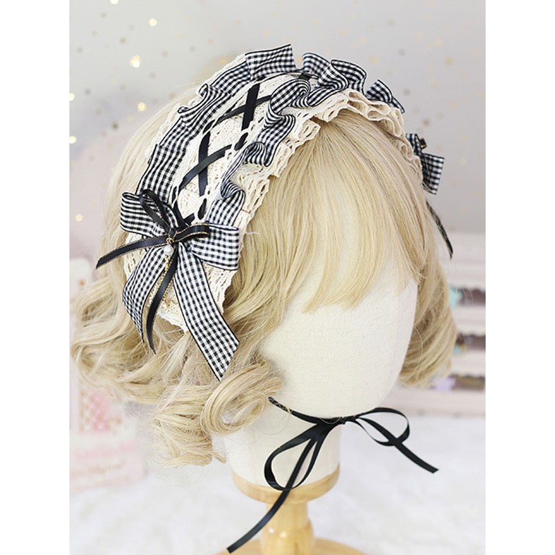 Sweet Lolita Headdress Black Lace Bows Plaid Headband Daily Casual