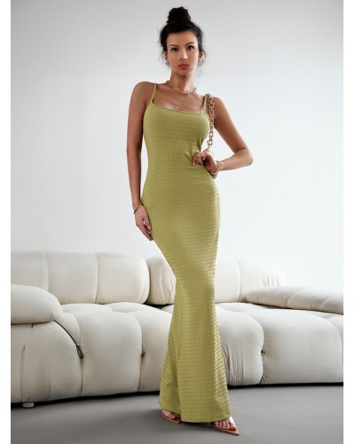 Women Dresses Grass Green Straps Neck Backless Sexy Sleeveless Pencil Dress Bodycon Summer