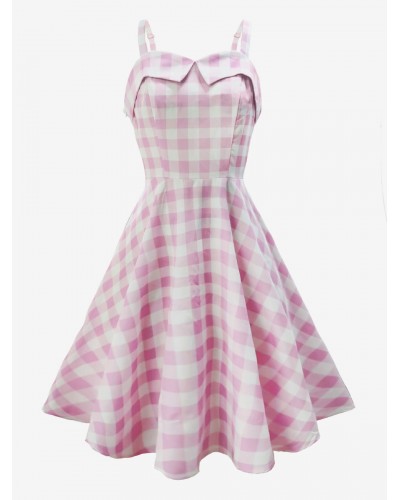 Barbie Pink Gingham Dress 1950s Audrey Hepburn Sleeveless Dress Bodycon Sweet Retro Spring Summer Fall