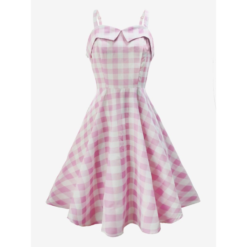 Barbie Pink Gingham Dress 1950s Audrey Hepburn Sleeveless Dress Bodycon Sweet Retro Spring Summer Fall