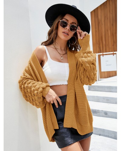 Women Knitted Cardigans Yellow Bishop Sleeve Long Sleeves Open Front Relaxed Fit Spring Fall Street Outerwear Casual Street Wear Field