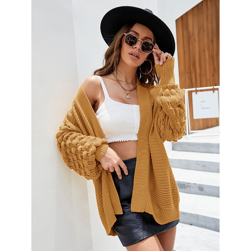 Women Knitted Cardigans Yellow Bishop Sleeve Long Sleeves Open Front Relaxed Fit Spring Fall Street Outerwear Casual Street Wear Field