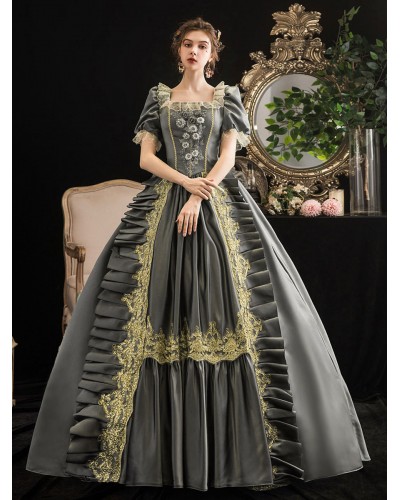 Women Victorian Dress Costumes 's Grey Retro Costumes 's Short Sleeves Square Neckline Lace Floral Marie Antoinette Vinctorian Era Clothing Costume Dress Sets ROCOCO