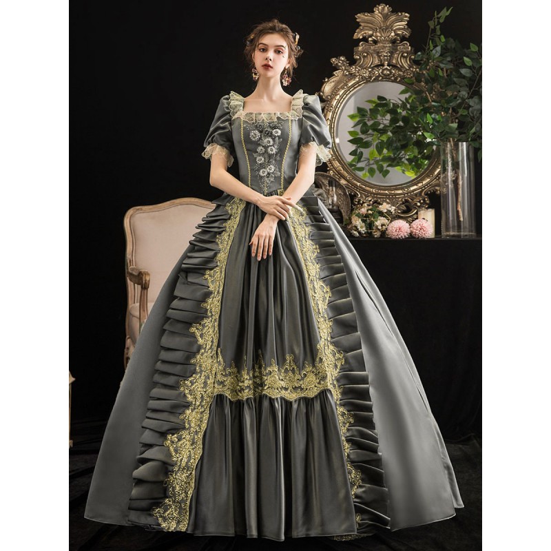 Women Victorian Dress Costumes 's Grey Retro Costumes 's Short Sleeves Square Neckline Lace Floral Marie Antoinette Vinctorian Era Clothing Costume Dress Sets ROCOCO