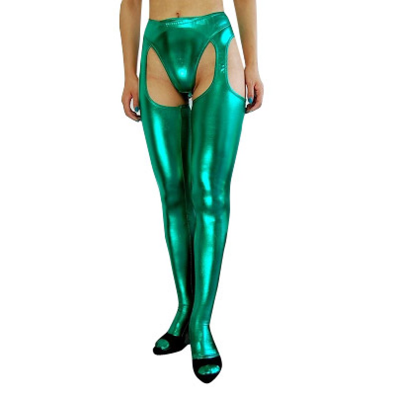 Halloween Green Sexy Crotchless Shiny Metallic Skinny Tights Pants