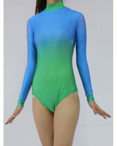 Women Split Color Long Sleeve Lycra Spandex Bodysuit For Leotard