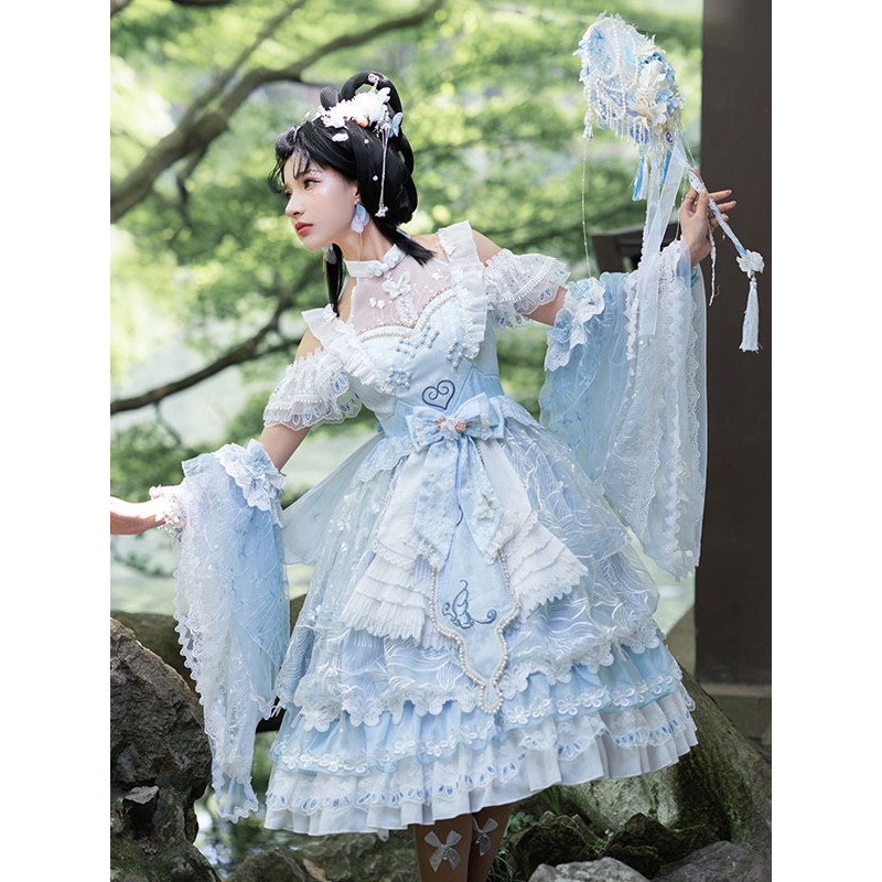 Chinese Style Lolita JSK Dress 3-Piece Set Sleeveless Embroidered Bows Lace Flowers Bowknot Oversleeves Jumper Skirt Outfit