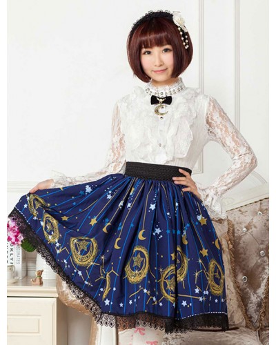 Deep Blue Star Printed Polyester Short Lolita Skirt Dress For Girls Daily Casual Tea Party