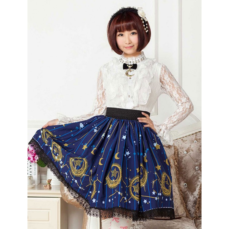 Deep Blue Star Printed Polyester Short Lolita Skirt Dress For Girls Daily Casual Tea Party