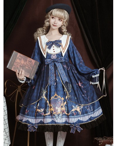 Lolita OP Dress Blue Polyester Long Sleeve Bowkonts Lace Ruffles Sweet Lolita One Piece Dresses Academic Spring Summer Daily Casual