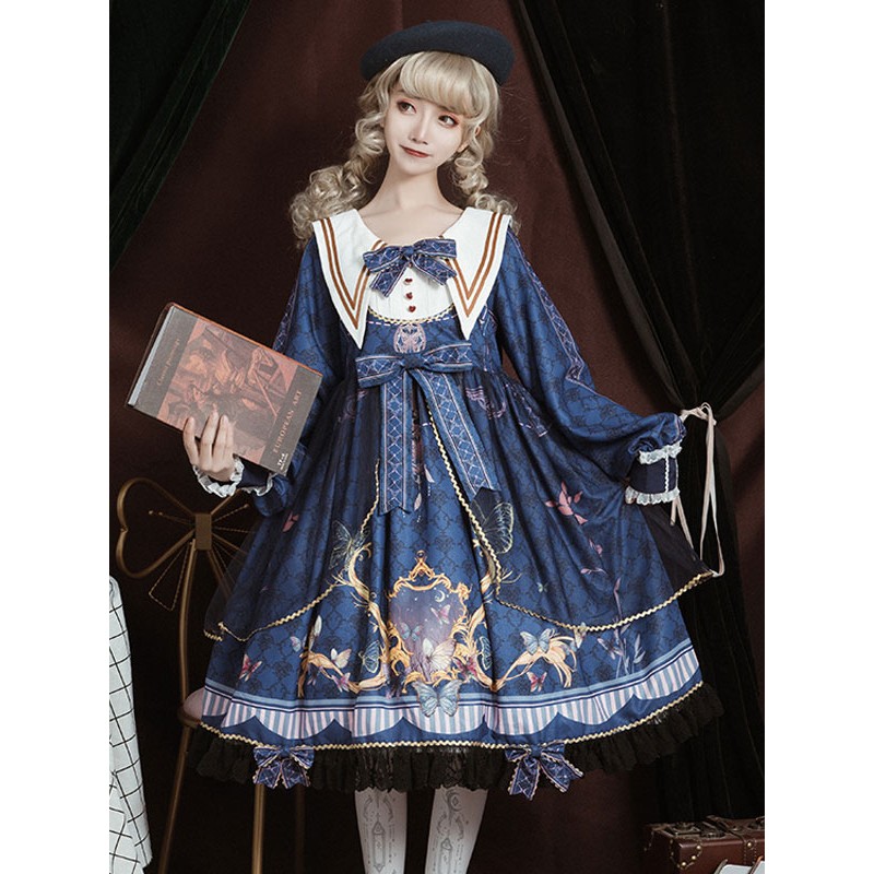 Lolita OP Dress Blue Polyester Long Sleeve Bowkonts Lace Ruffles Sweet Lolita One Piece Dresses Academic Spring Summer Daily Casual