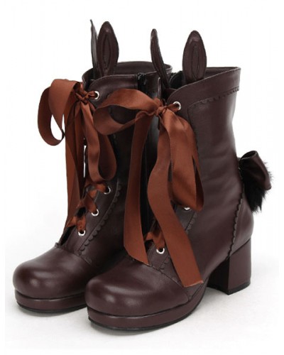 Coffee Brown Lolita Short Boots Square Heels Lace Up Bunny Ear Decor Party