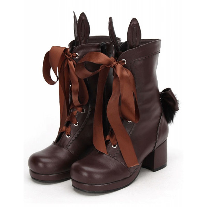 Coffee Brown Lolita Short Boots Square Heels Lace Up Bunny Ear Decor Party