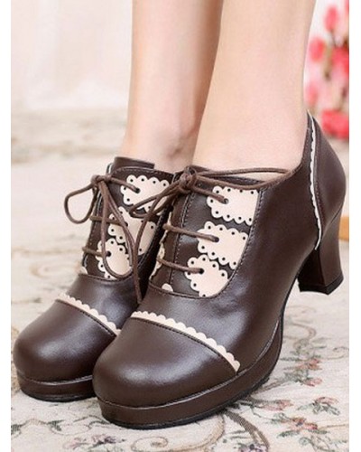 Sweet Lolita Shoes Chunky Heel Lace Up Ruffles Pumps