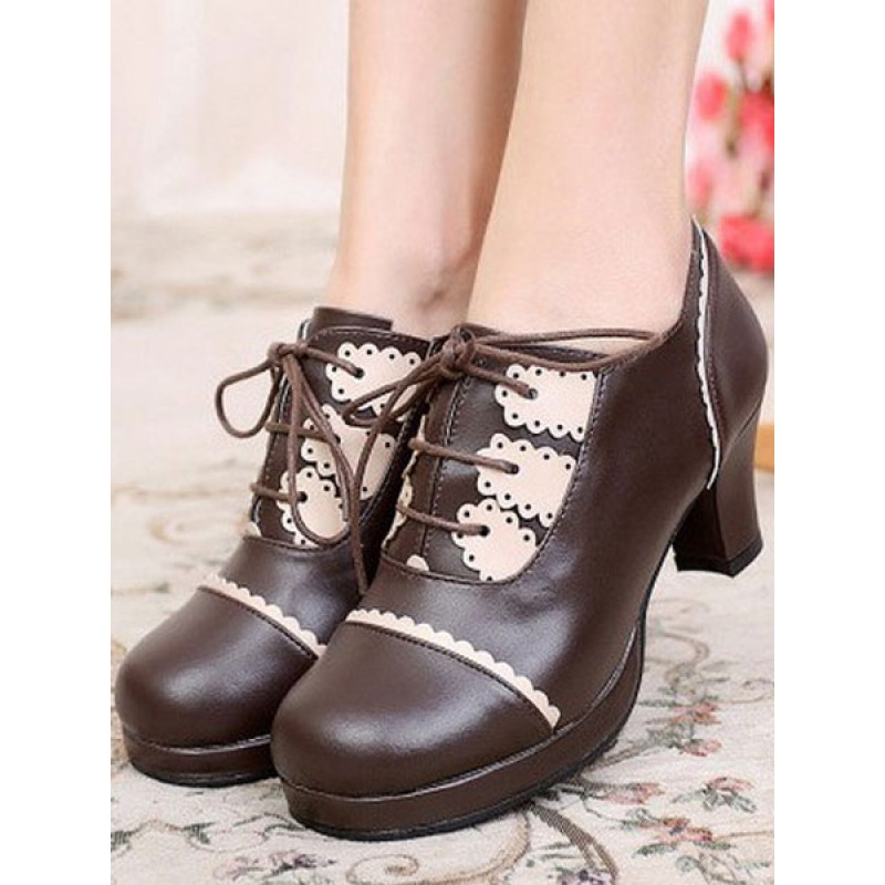 Sweet Lolita Shoes Chunky Heel Lace Up Ruffles Pumps