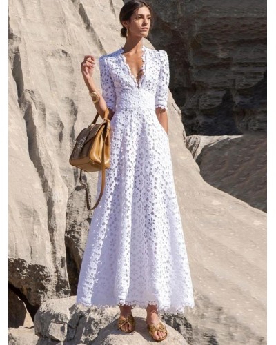 Women V-Neck Dress Half Sleeves Casual Floor Length Dress Maxi Spring Summer