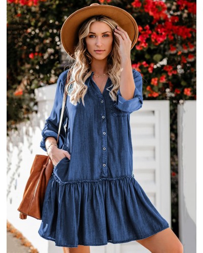 Women Shift Dresses Dazzling Blue V-Neck Fantastic Pleated Cotton Tunic Dress Mini Spring Summer Fall