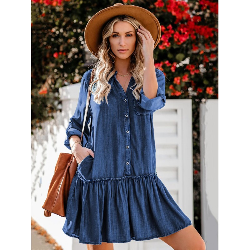 Women Shift Dresses Dazzling Blue V-Neck Fantastic Pleated Cotton Tunic Dress Mini Spring Summer Fall