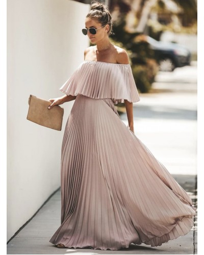 Women Dresses Half Sleeves Yellow Bateau Neck Pleated Asymmetrical Floor Length Dress Maxi Summer